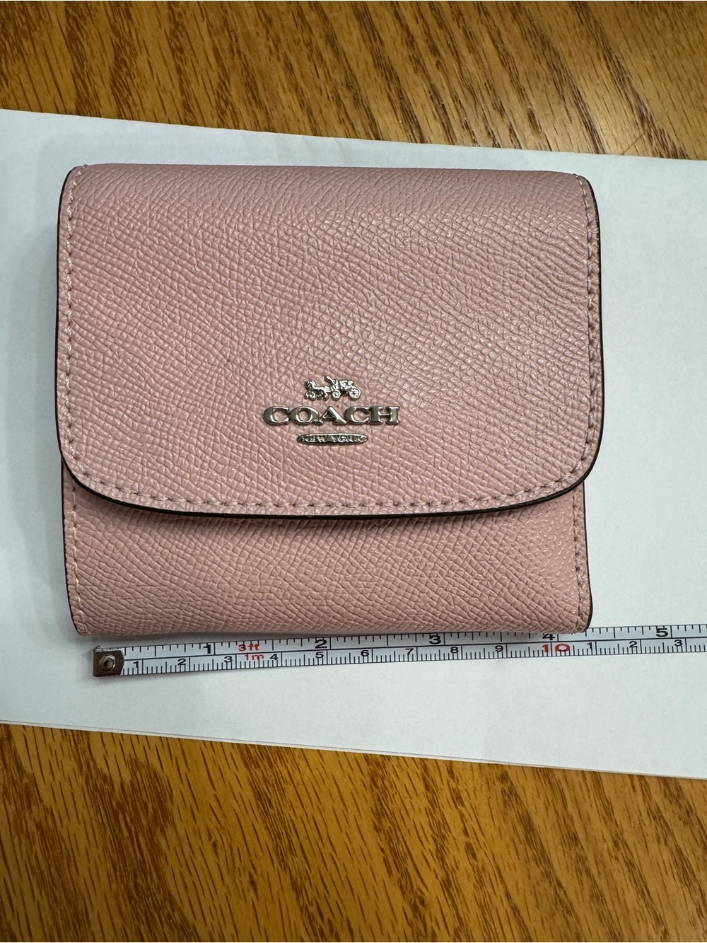 Coach Pebbled Leather Compact Wallet in Light Pink with Silver Logo